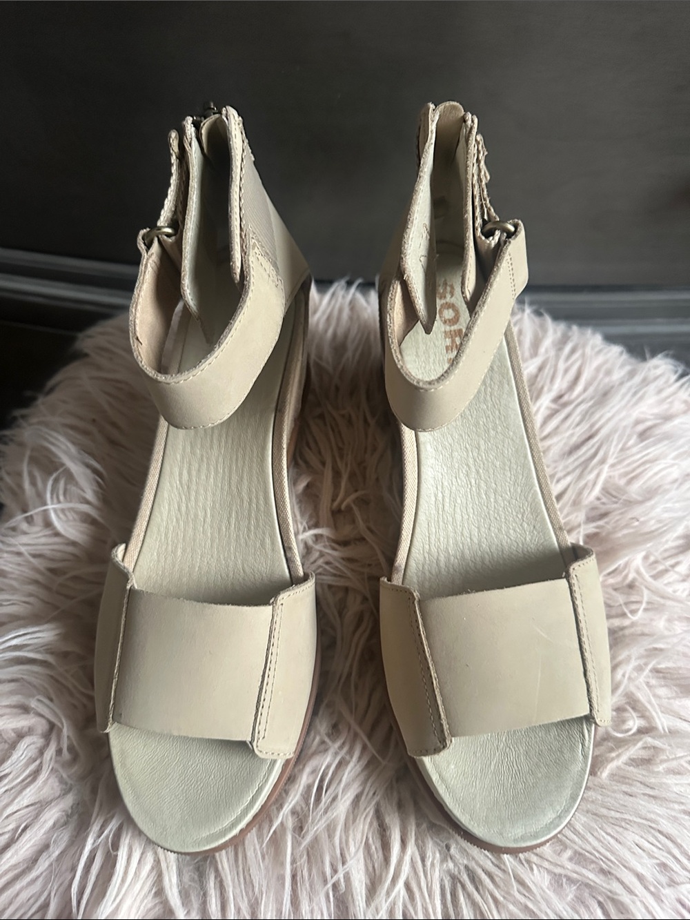 Sorel Beige Ankle-Strap Wedge Sandals